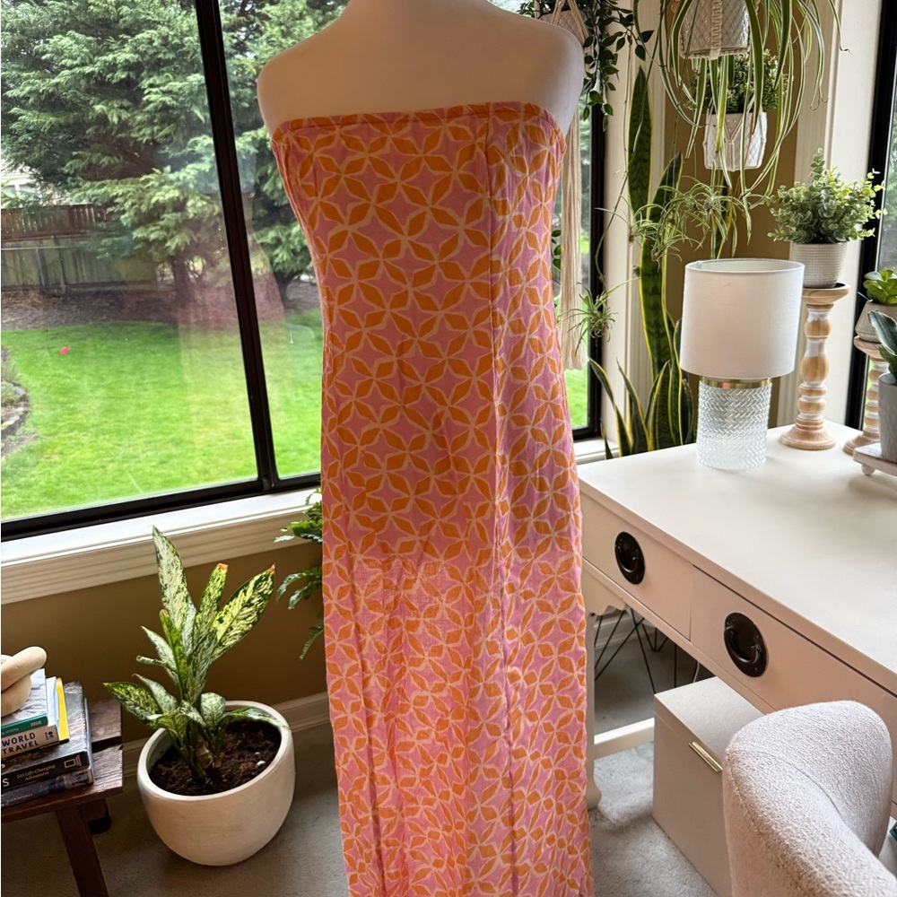 Anthropologie Pink and Yellow Geometric Strapless Maxi Dress